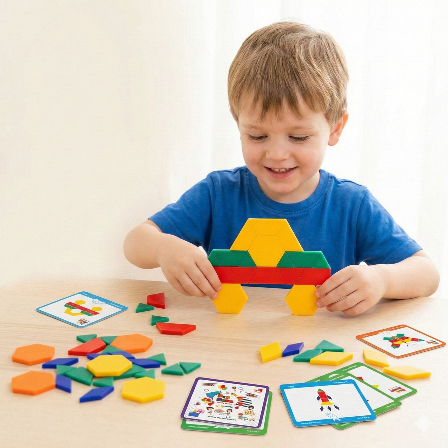 Child playing with colorful geometric shapes and cards on a table.