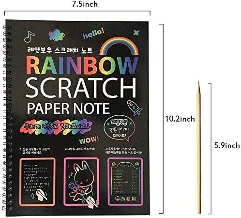 Scratch Paper Note for Kids (10'7.5 ') Scratch Art Paper Large Black Magic Rainbow Painting Boards 1 Colorful Notebooks with 1 Wooden Stylus (BK90)7