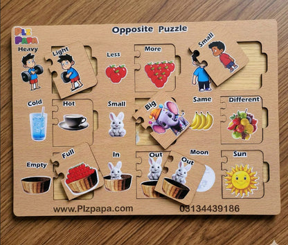 Wooden educational puzzle with opposite concepts for children on a wooden surface.