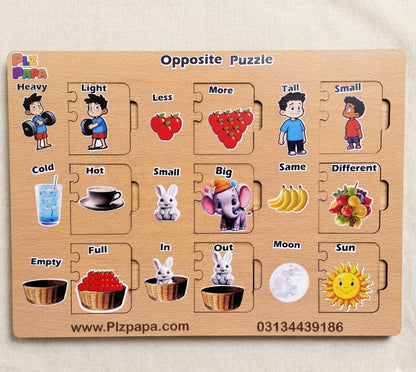 Wooden puzzle with educational opposites for children, featuring images of people, objects, and animals.