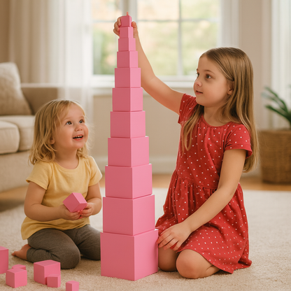Pink tower-beech and control card Montessori materials Educational wooden toy equipment [ET-1307]